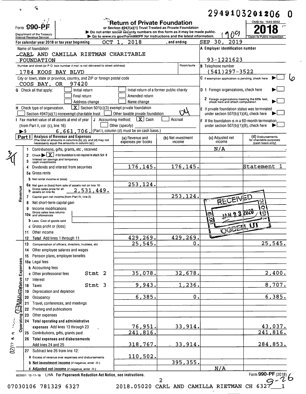 Image of first page of 2018 Form 990PR for Carl and Camilla Rietman Charitable Foundation