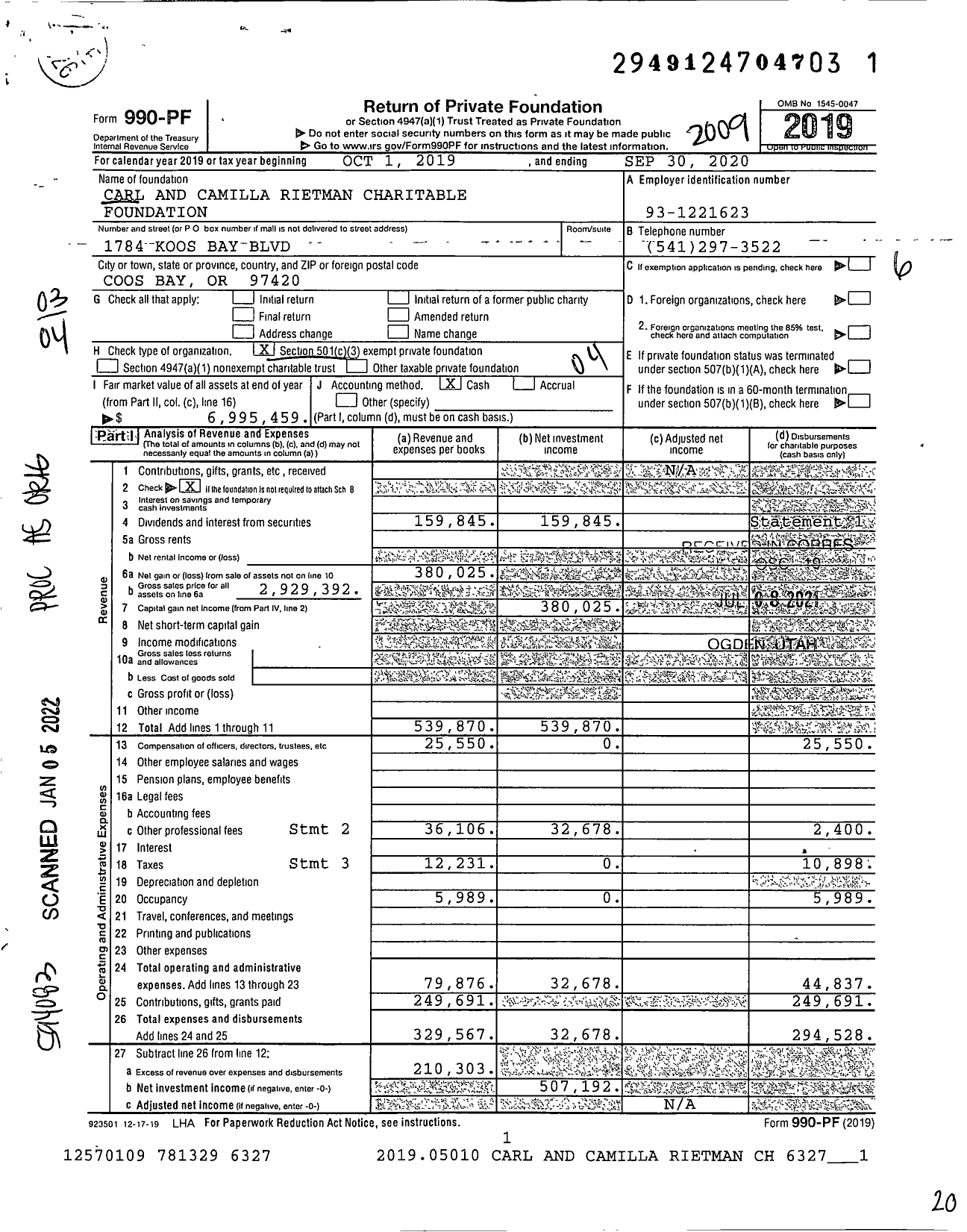 Image of first page of 2019 Form 990PF for Carl and Camilla Rietman Charitable Foundation