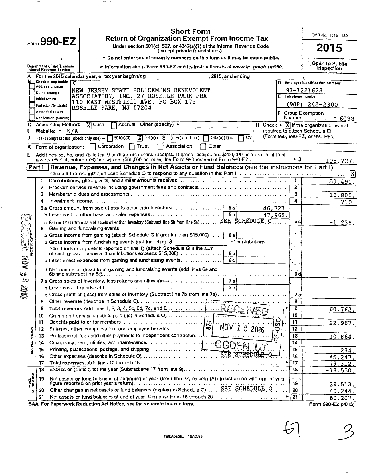 Image of first page of 2015 Form 990EO for New Jersey State Policemens Benevolent Association / 27 Roselle Park Pba Local