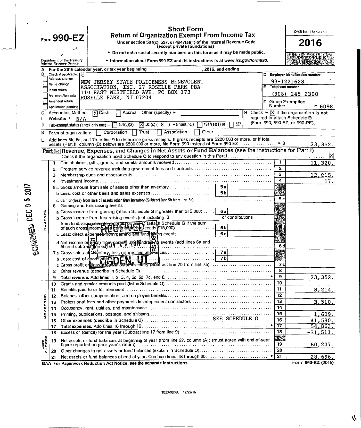 Image of first page of 2016 Form 990EO for New Jersey State Policemens Benevolent Association / 27 Roselle Park Pba Local