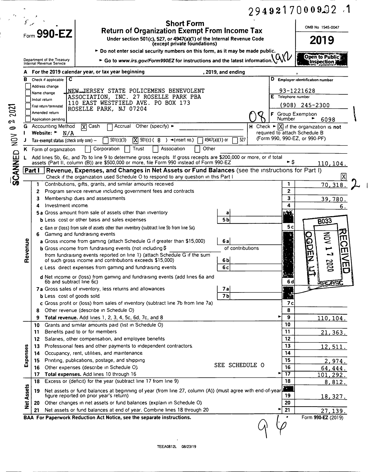 Image of first page of 2019 Form 990EO for New Jersey State Policemens Benevolent Association / 27 Roselle Park Pba Local