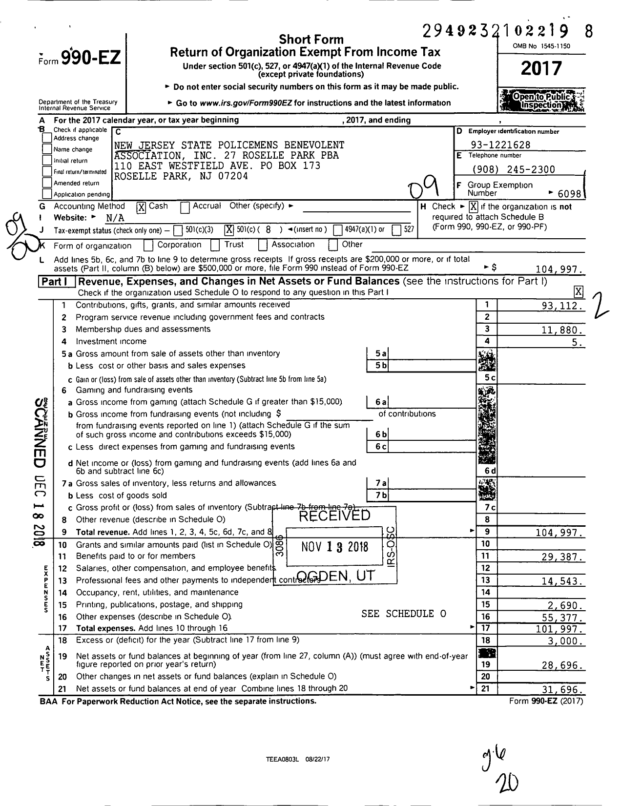 Image of first page of 2017 Form 990EO for New Jersey State Policemens Benevolent Association / 27 Roselle Park Pba Local