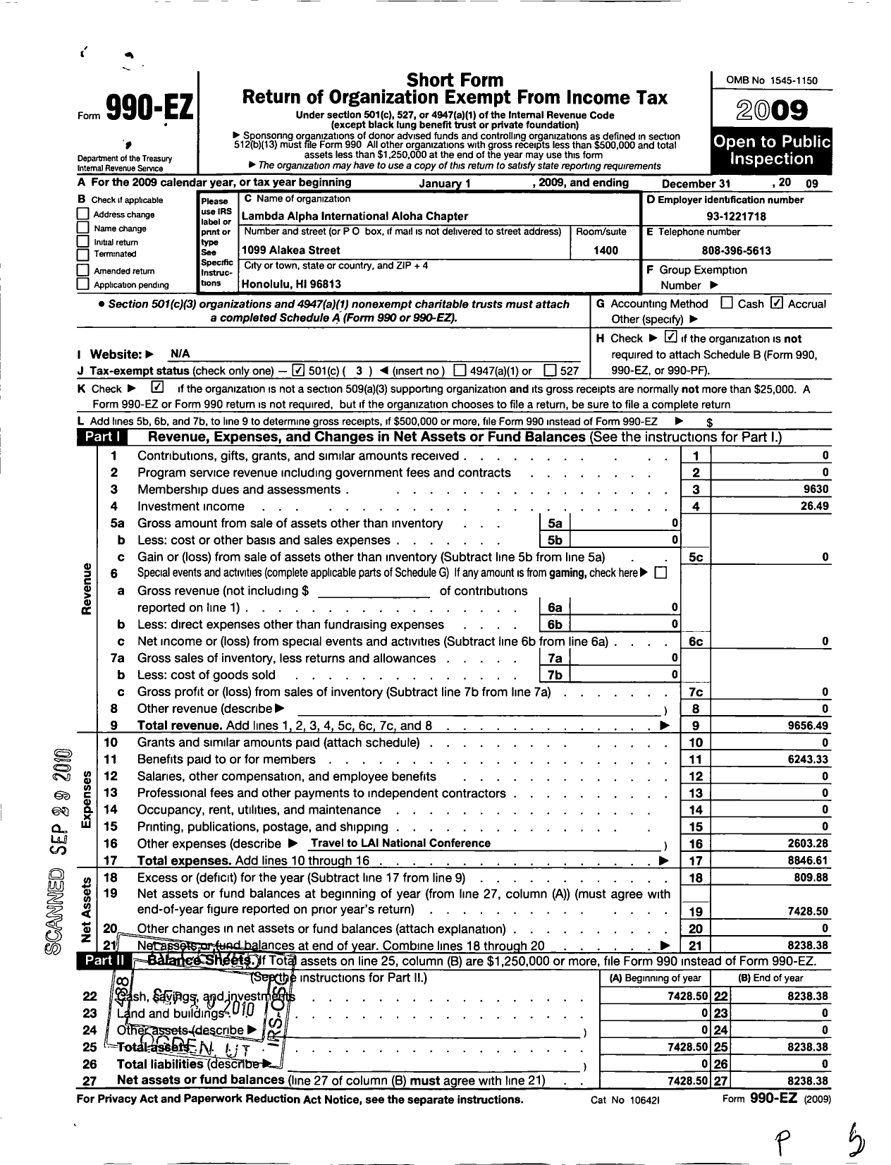 Image of first page of 2009 Form 990EZ for Lambda Alpha International / Aloha Chapter