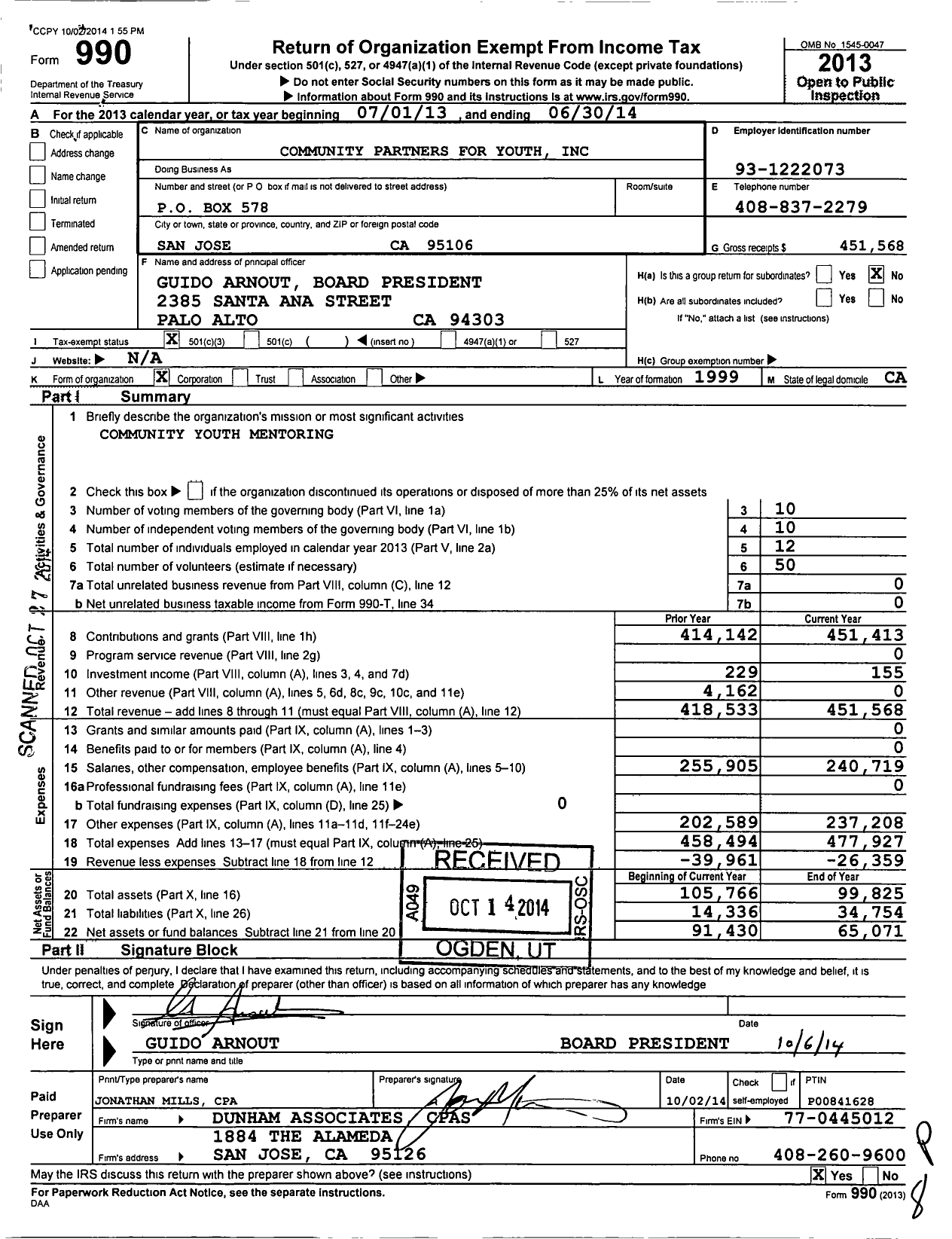 Image of first page of 2013 Form 990 for Community Partners for Youth