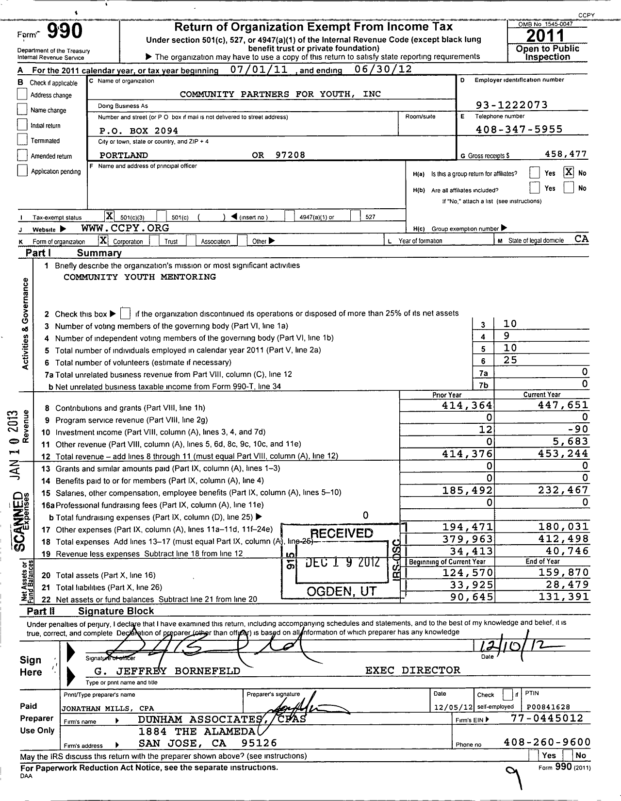 Image of first page of 2011 Form 990 for Community Partners for Youth