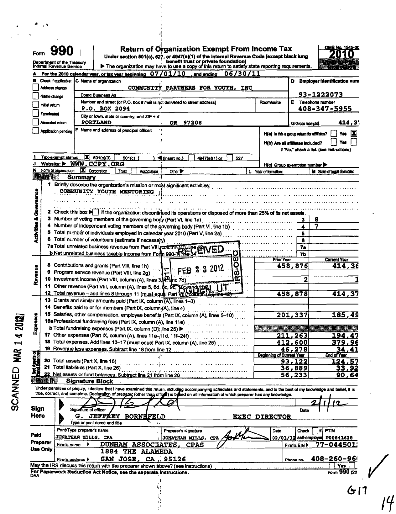 Image of first page of 2010 Form 990 for Community Partners for Youth