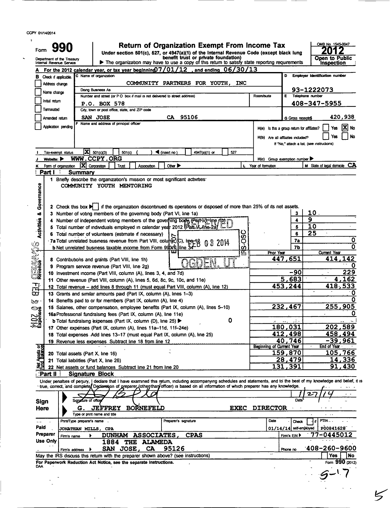 Image of first page of 2012 Form 990 for Community Partners for Youth