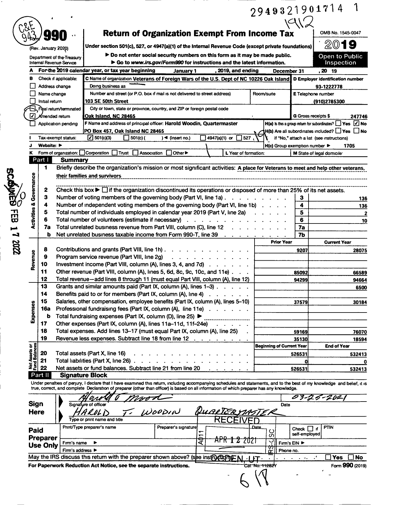Image of first page of 2019 Form 990O for VFW NC - 10226 Oak Island Post