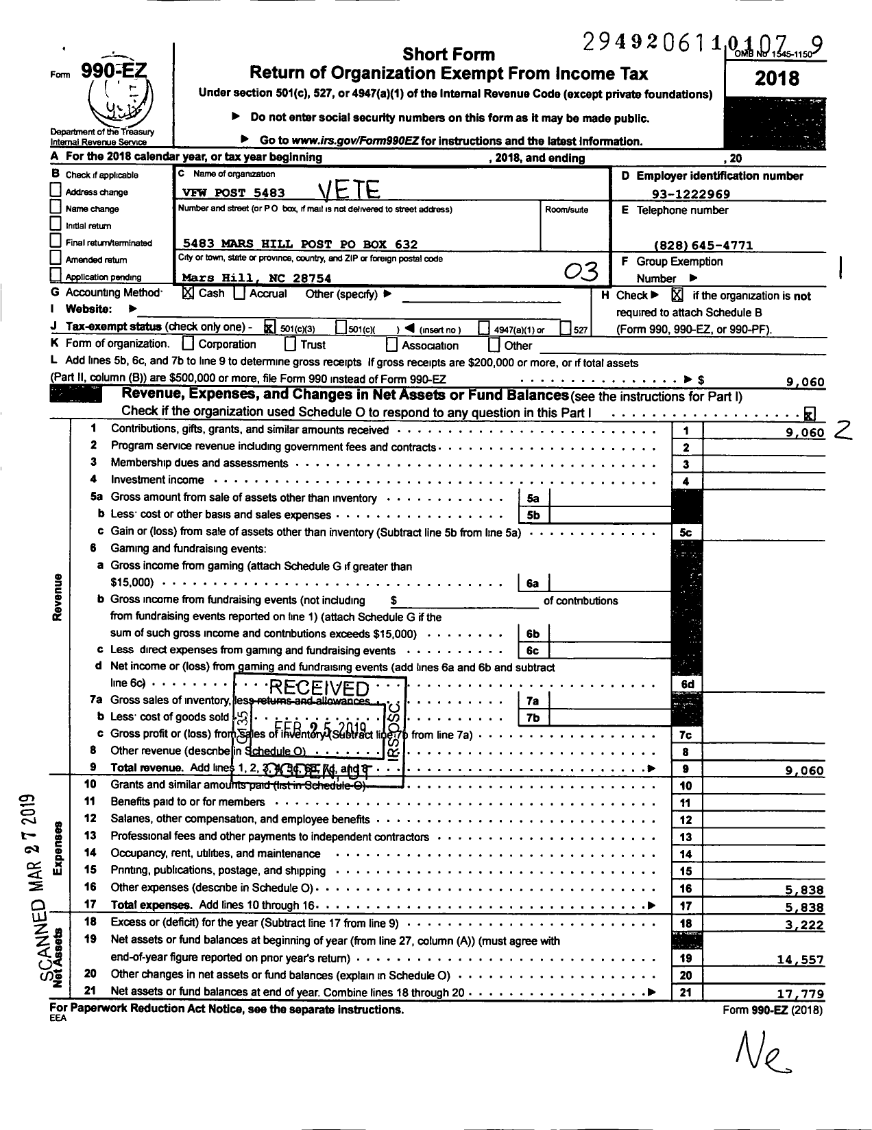 Image of first page of 2018 Form 990EZ for VFW NC - 5483 Mars Hill Memorial Post