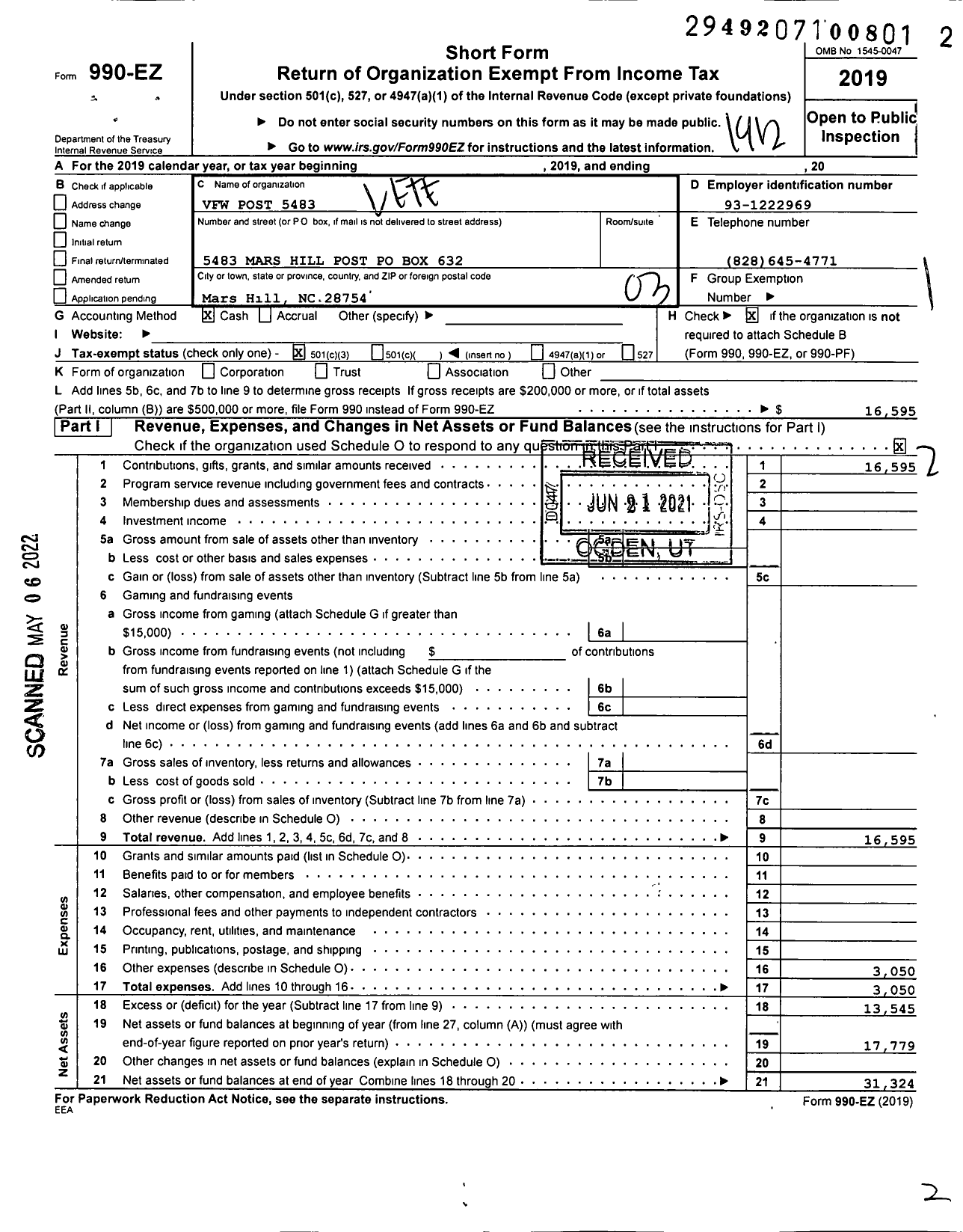 Image of first page of 2019 Form 990EZ for VFW NC - 5483 Mars Hill Memorial Post