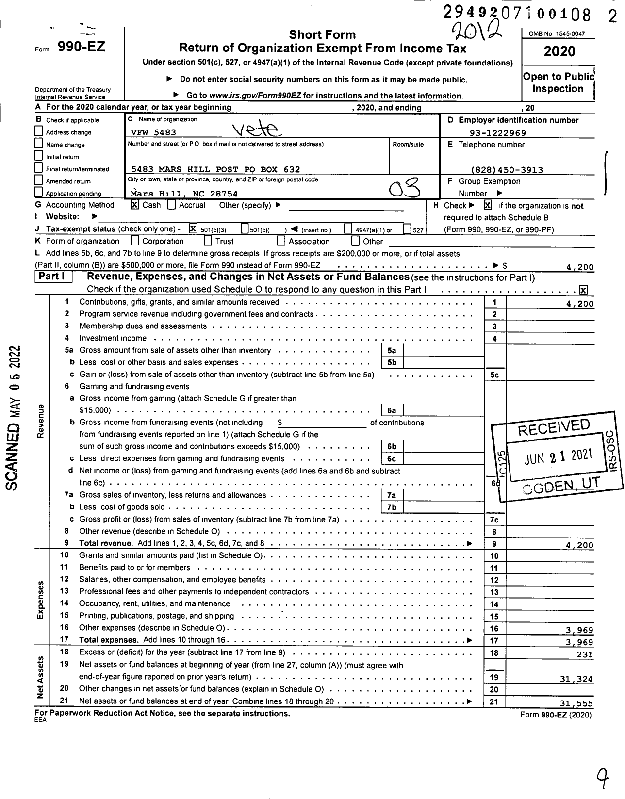 Image of first page of 2020 Form 990EZ for VFW NC - 5483 Mars Hill Memorial Post