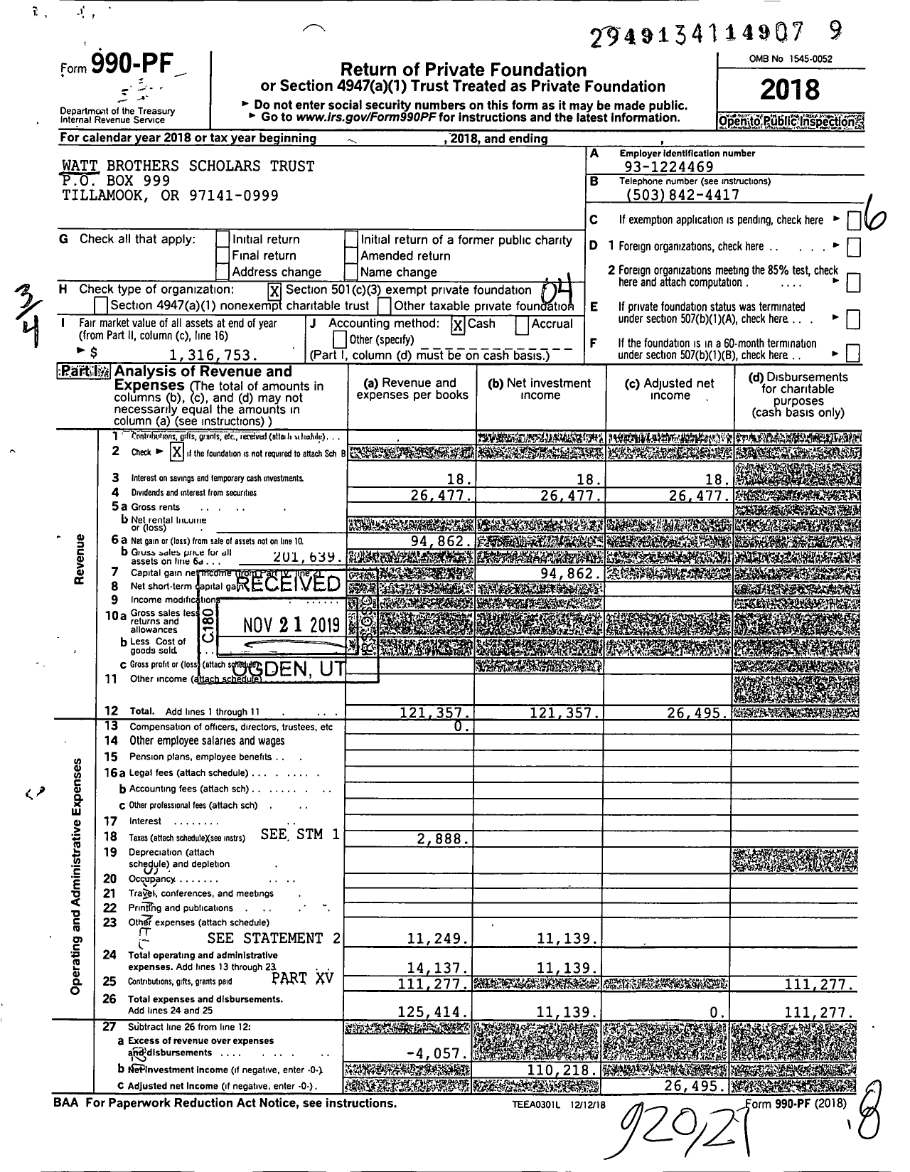 Image of first page of 2018 Form 990PF for Watt Brothers Scholars Trust