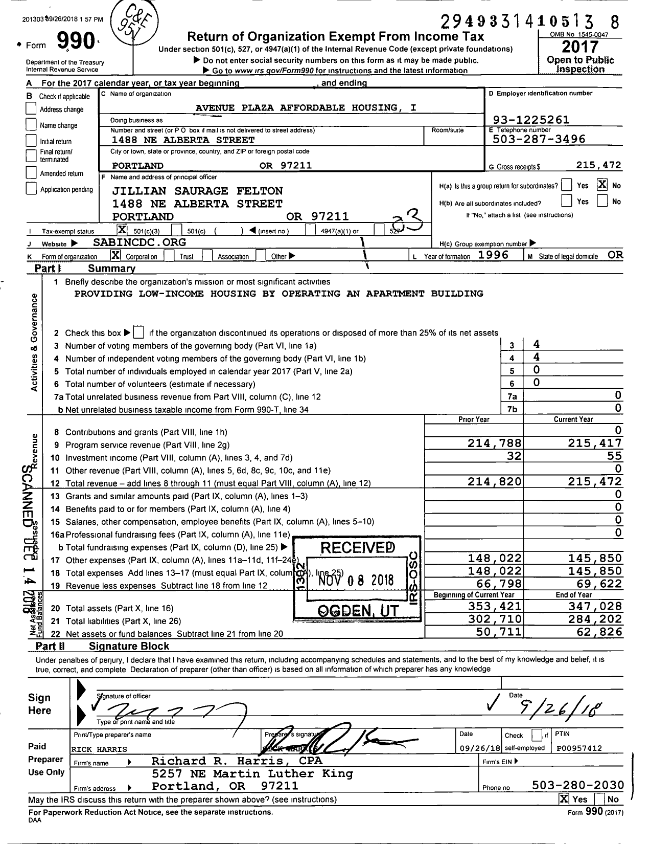 Image of first page of 2017 Form 990 for Avenue Plaza Affordable Housing I