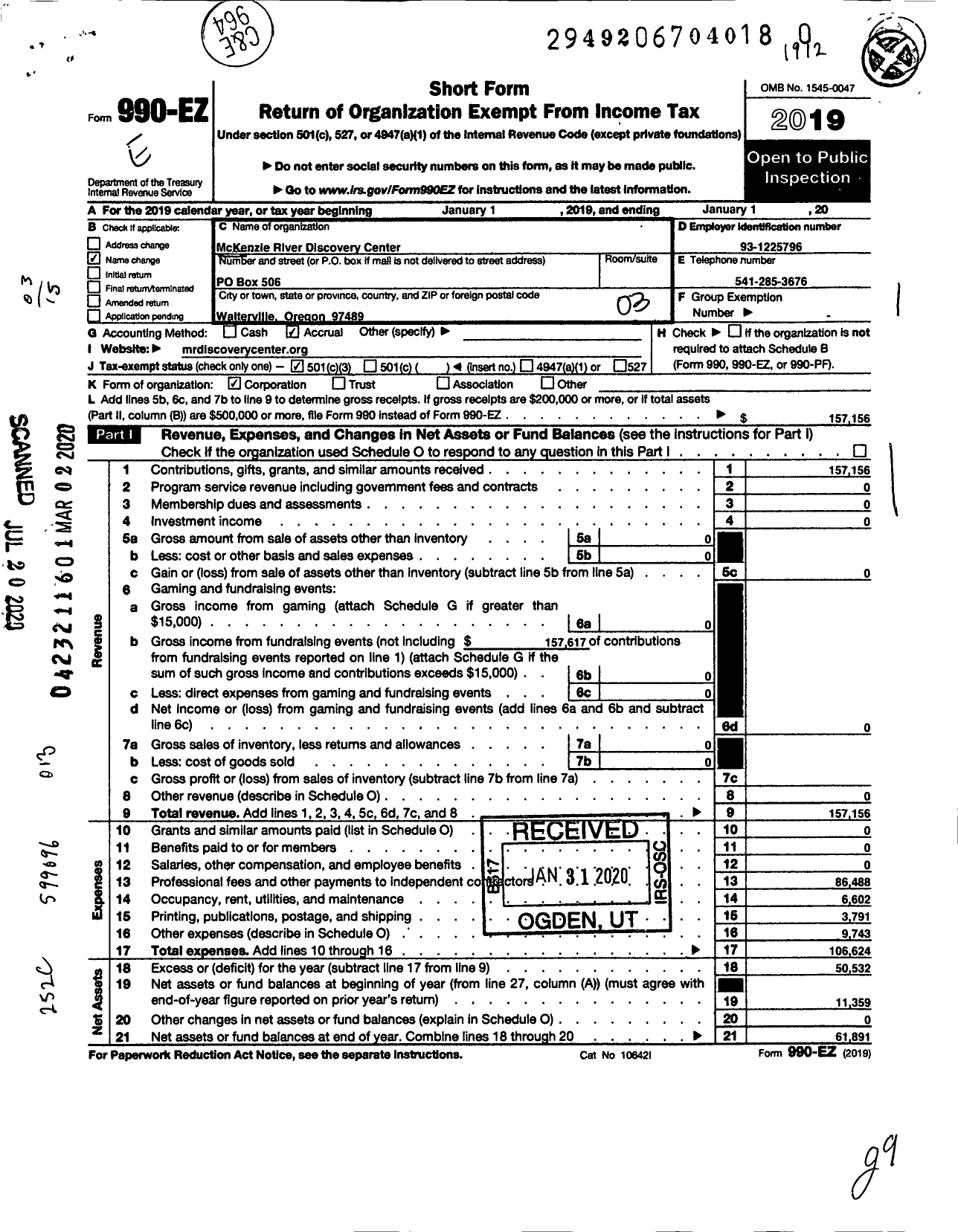 Image of first page of 2019 Form 990EZ for Mckenzie River Discovery Center