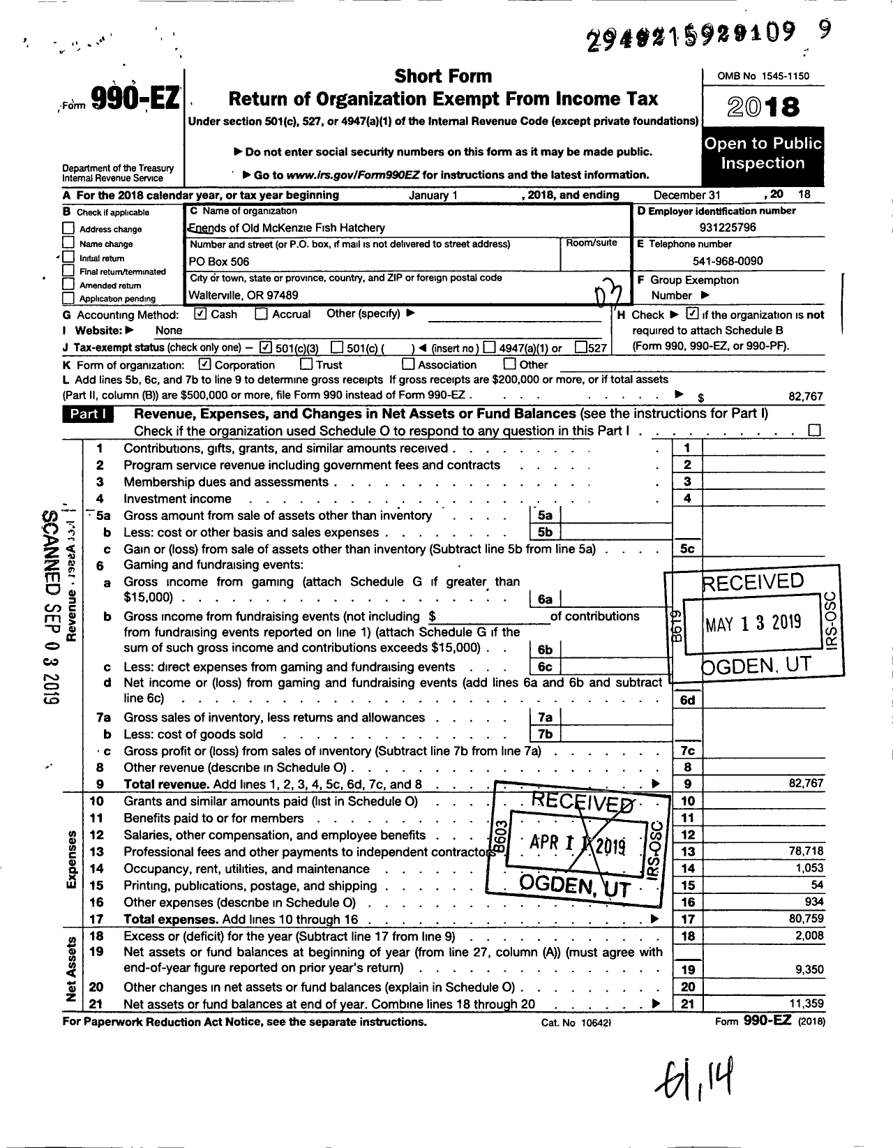 Image of first page of 2018 Form 990EZ for Mckenzie River Discovery Center