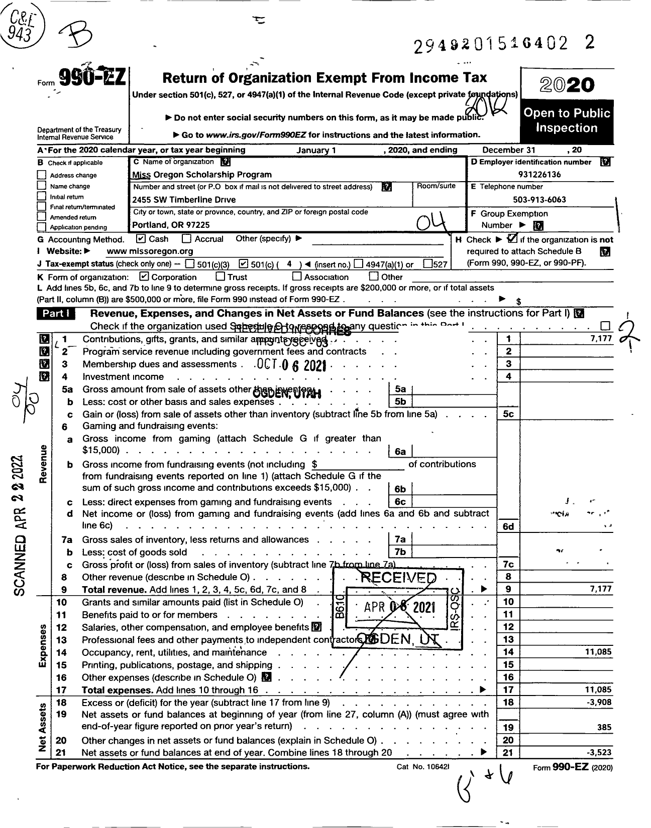 Image of first page of 2020 Form 990EO for Miss Oregon Scholarship Program