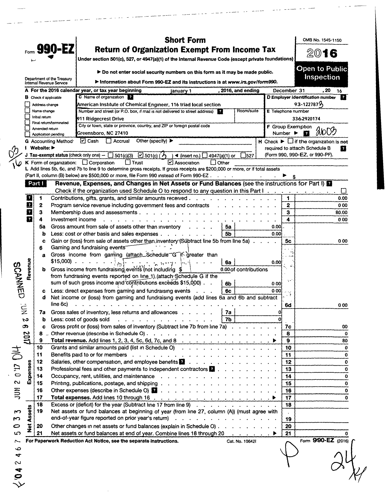 Image of first page of 2016 Form 990EZ for American Institute of Chemical Engineers - 116 Triad Local Section