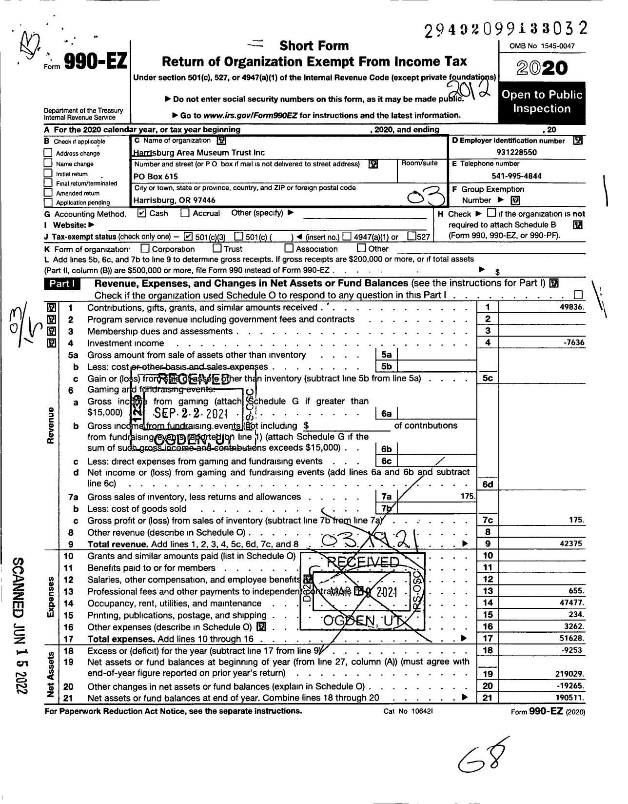 Image of first page of 2020 Form 990EZ for Harrisburg Area Museum Trust