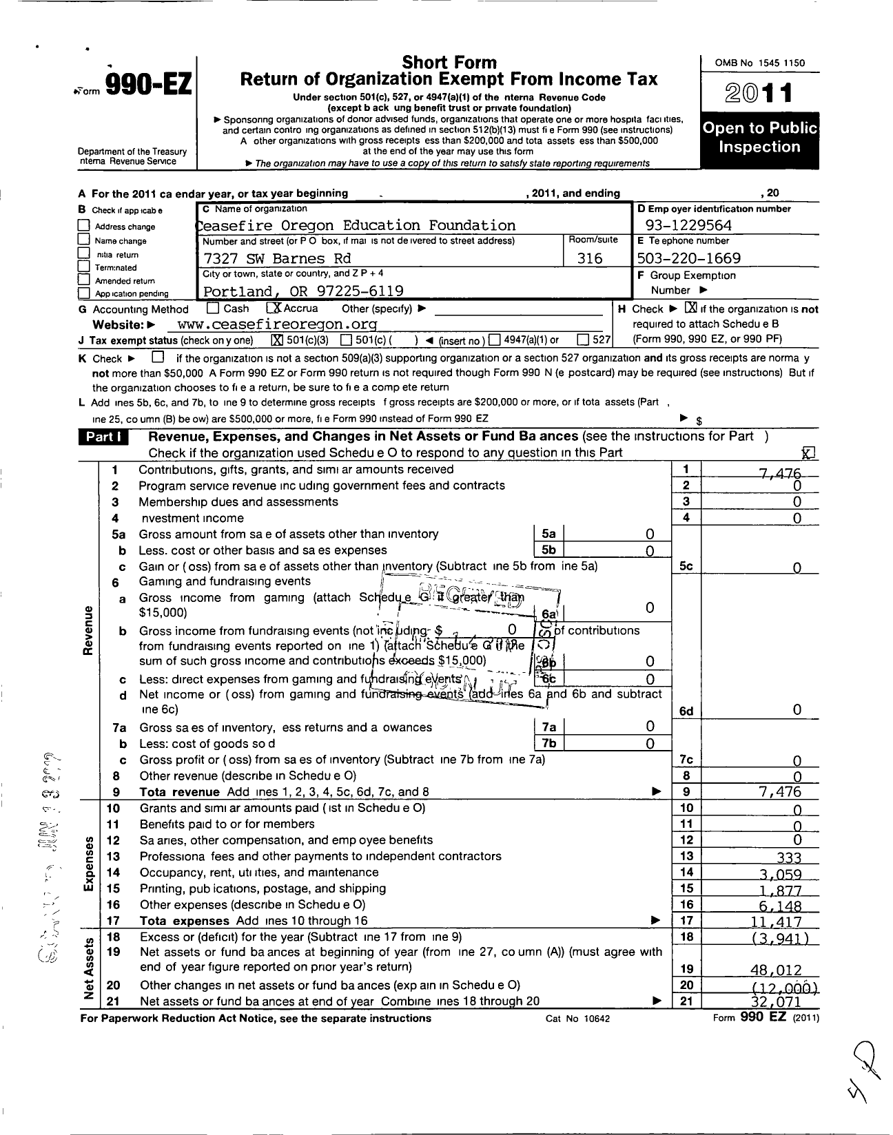 Image of first page of 2011 Form 990EZ for Ceasefire Oregon Education Foundation