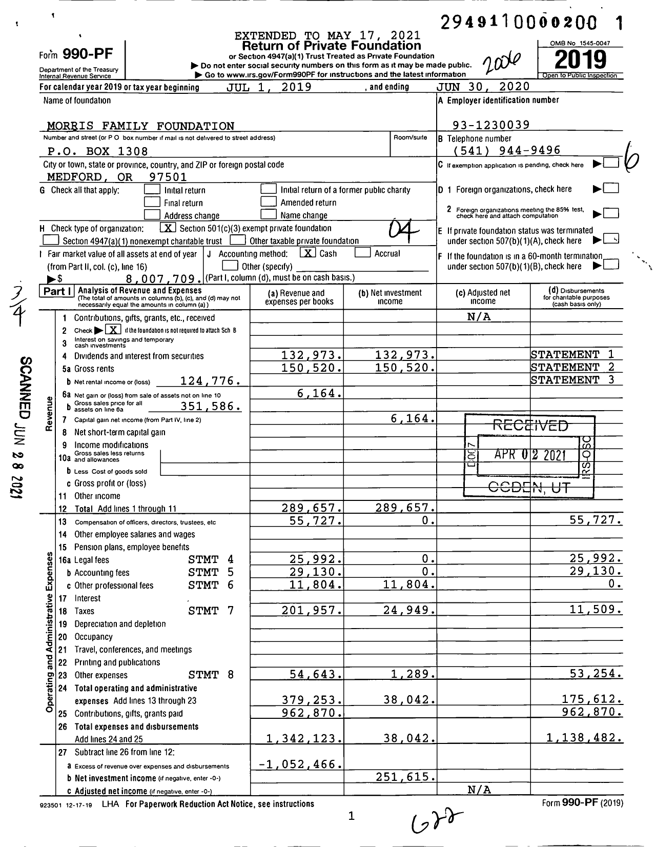 Image of first page of 2019 Form 990PF for Morris Family Foundation