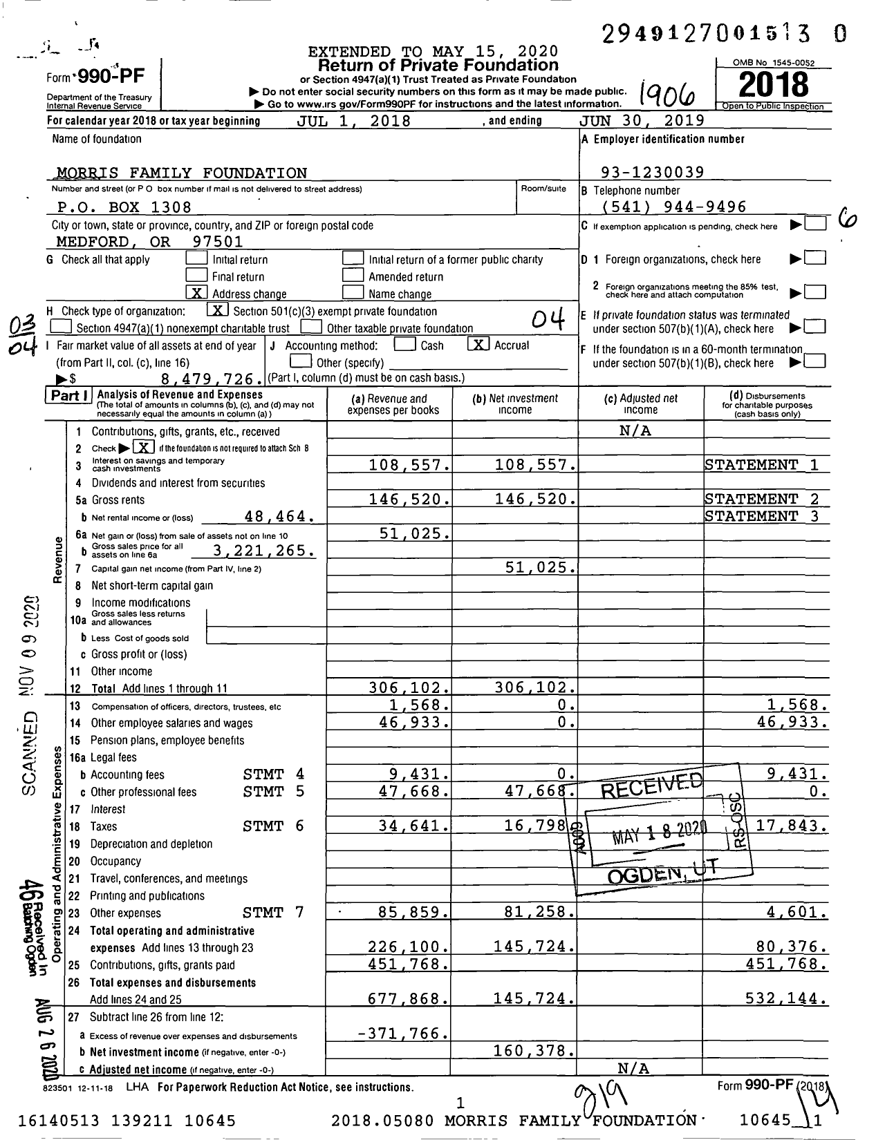 Image of first page of 2018 Form 990PF for Morris Family Foundation