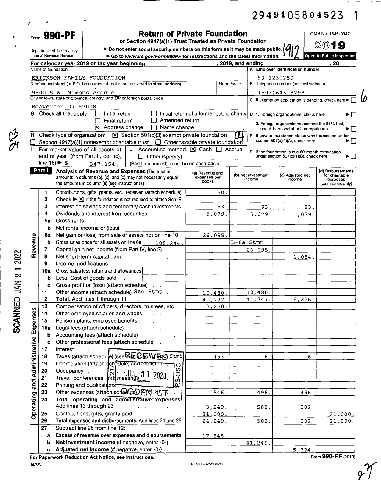 Image of first page of 2019 Form 990PF for Erickson Family Foundation