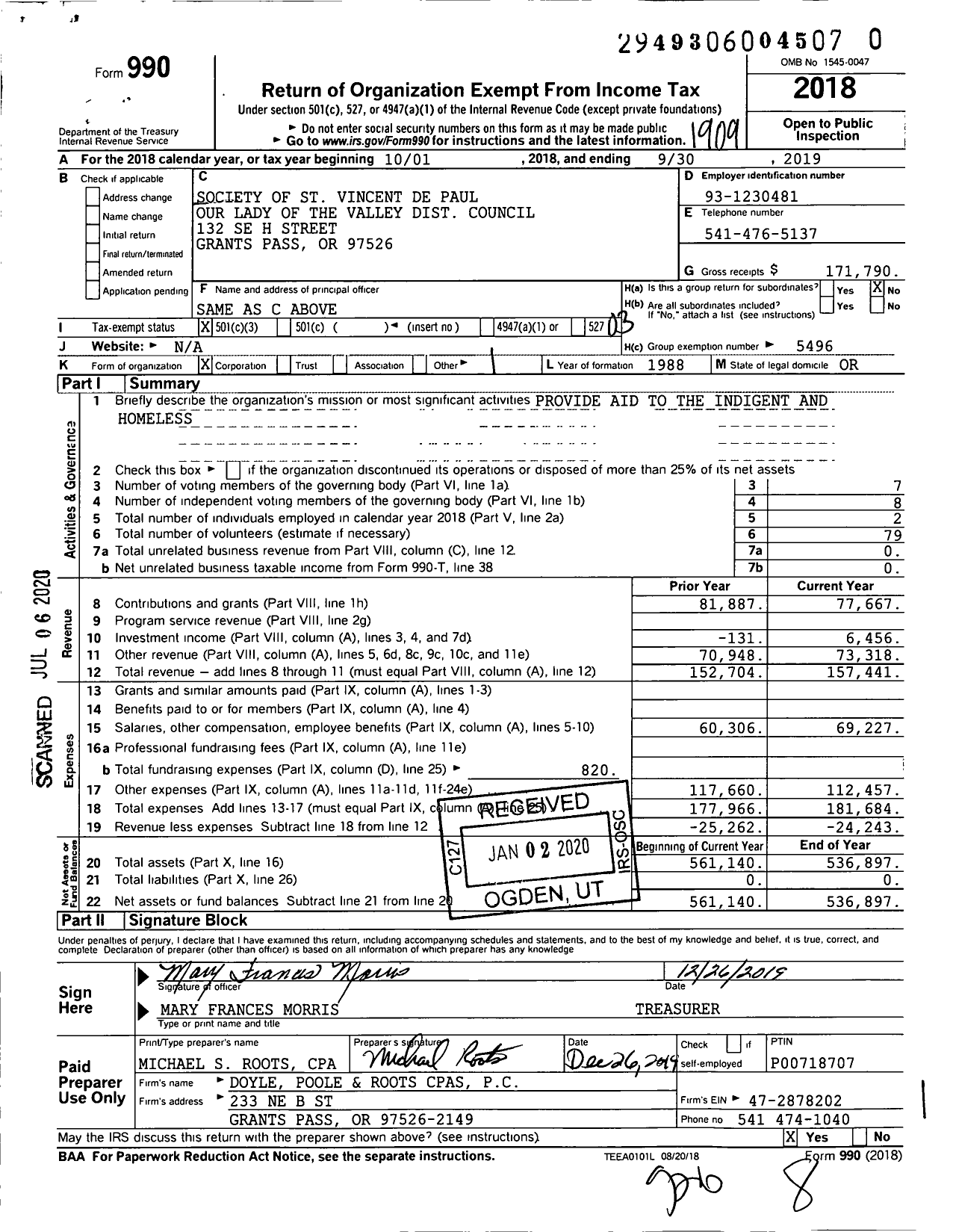 Image of first page of 2018 Form 990 for Society of St Vincent de Paul Our Lady of the Valley Dist Council