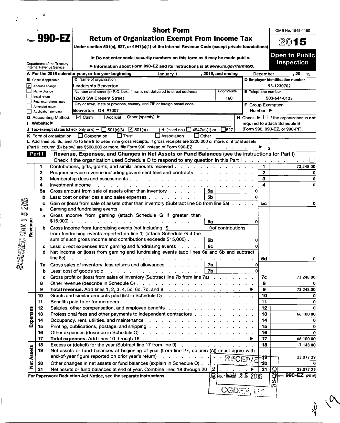 Image of first page of 2015 Form 990EO for Leadership Beaverton