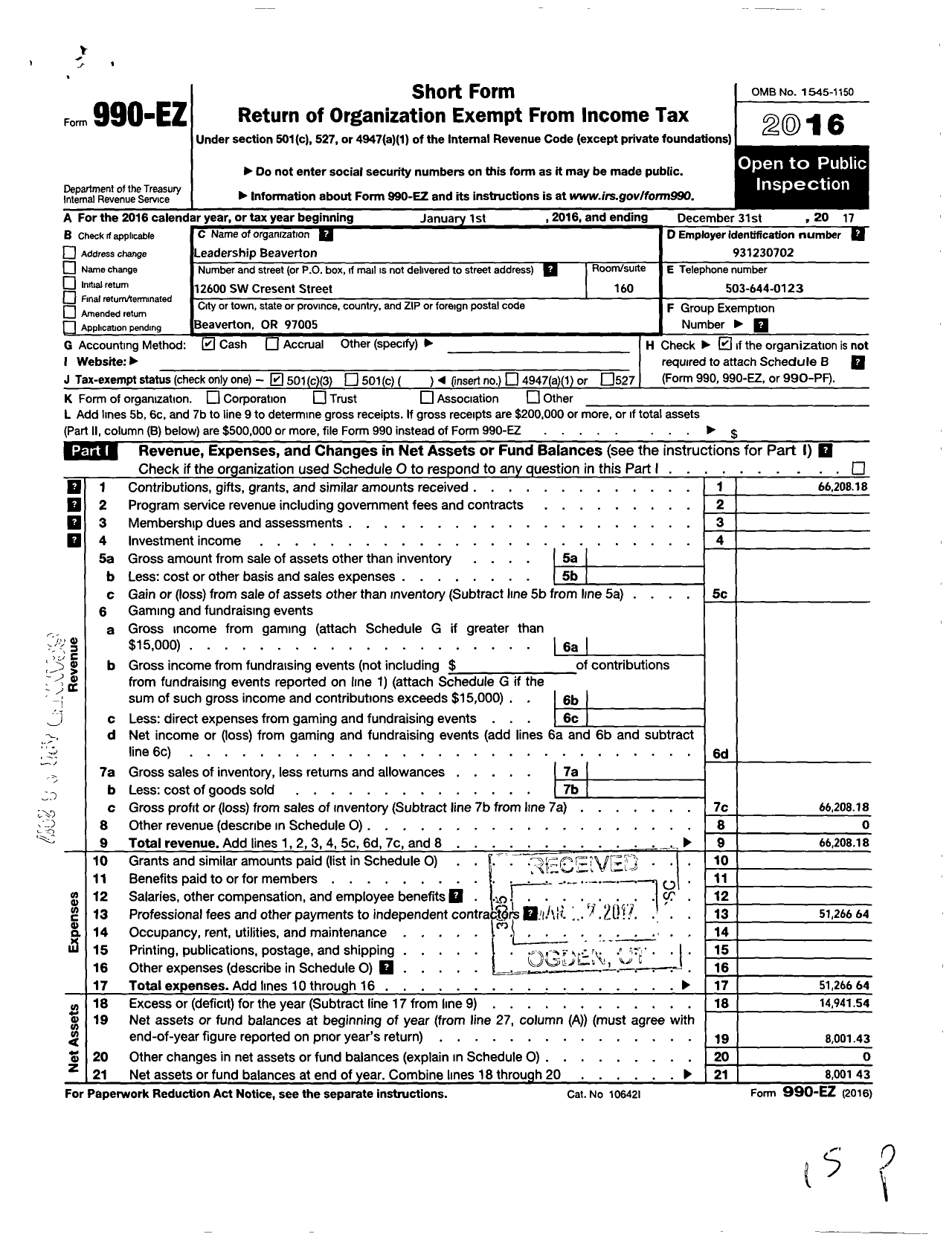 Image of first page of 2017 Form 990EZ for Leadership Beaverton