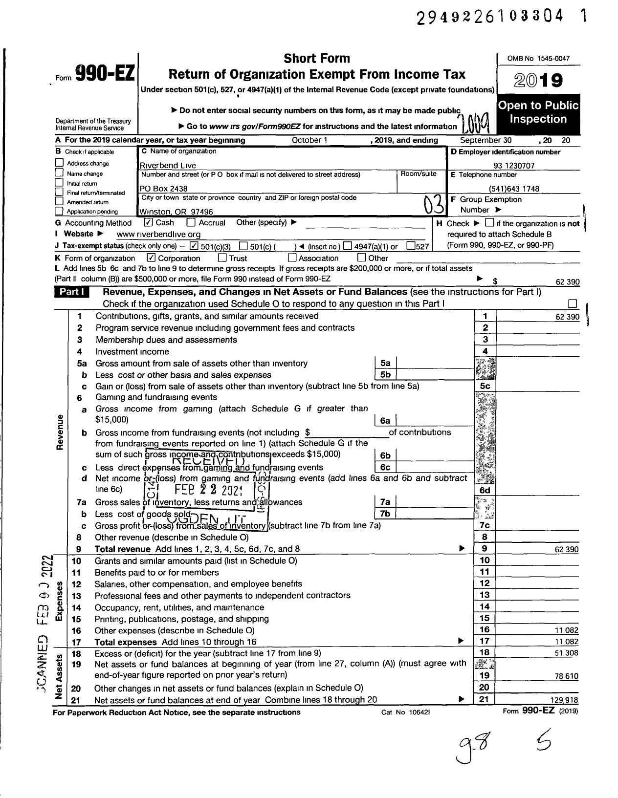 Image of first page of 2019 Form 990EZ for Riverbend Live