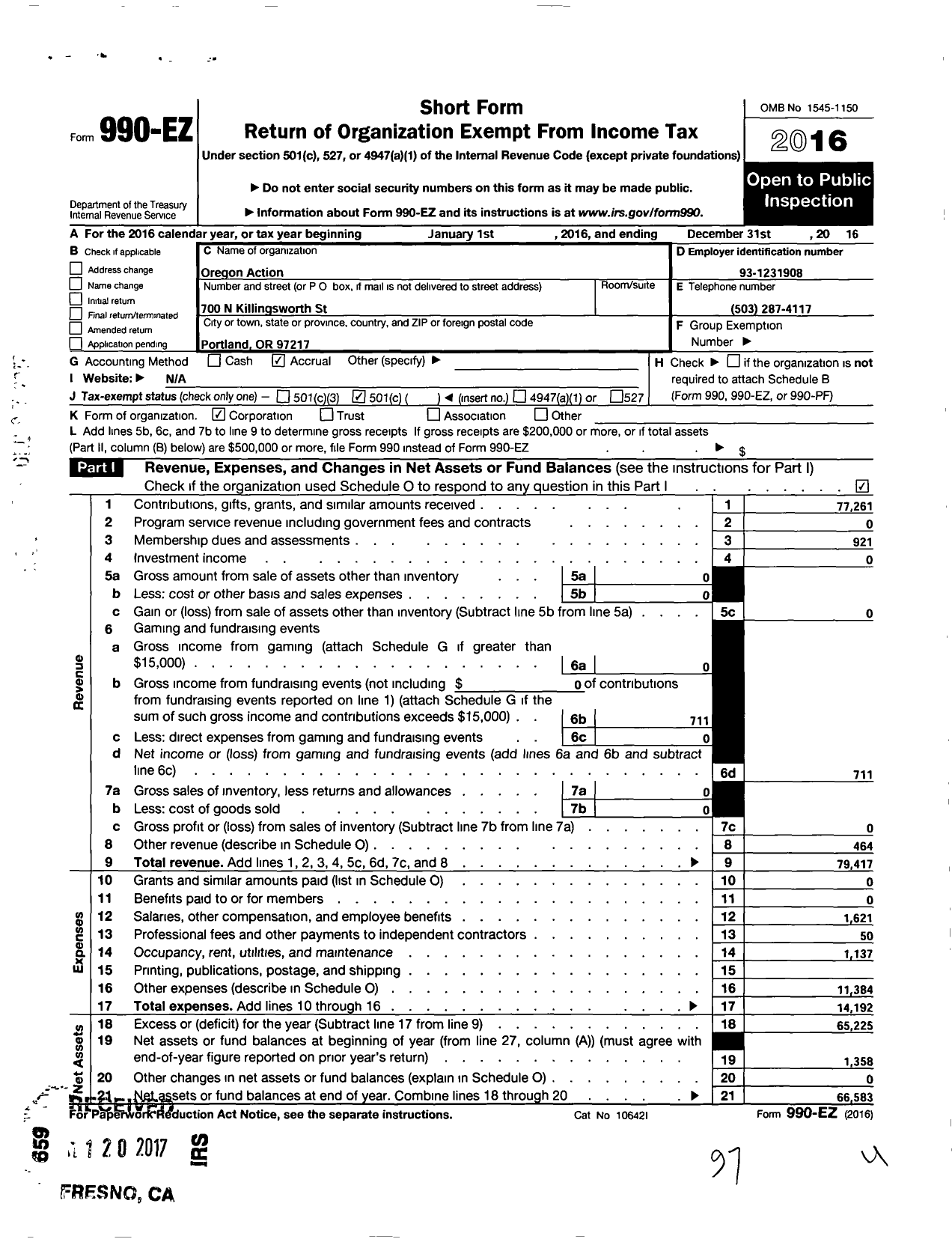 Image of first page of 2016 Form 990EO for Oregon Action