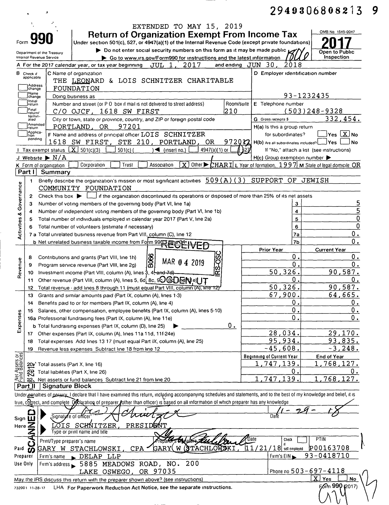 Image of first page of 2017 Form 990 for The Leonard and Lois Schnitzer Charitable Foundation