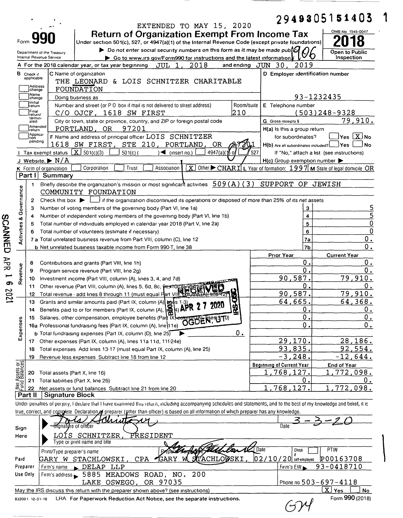 Image of first page of 2018 Form 990 for The Leonard and Lois Schnitzer Charitable Foundation