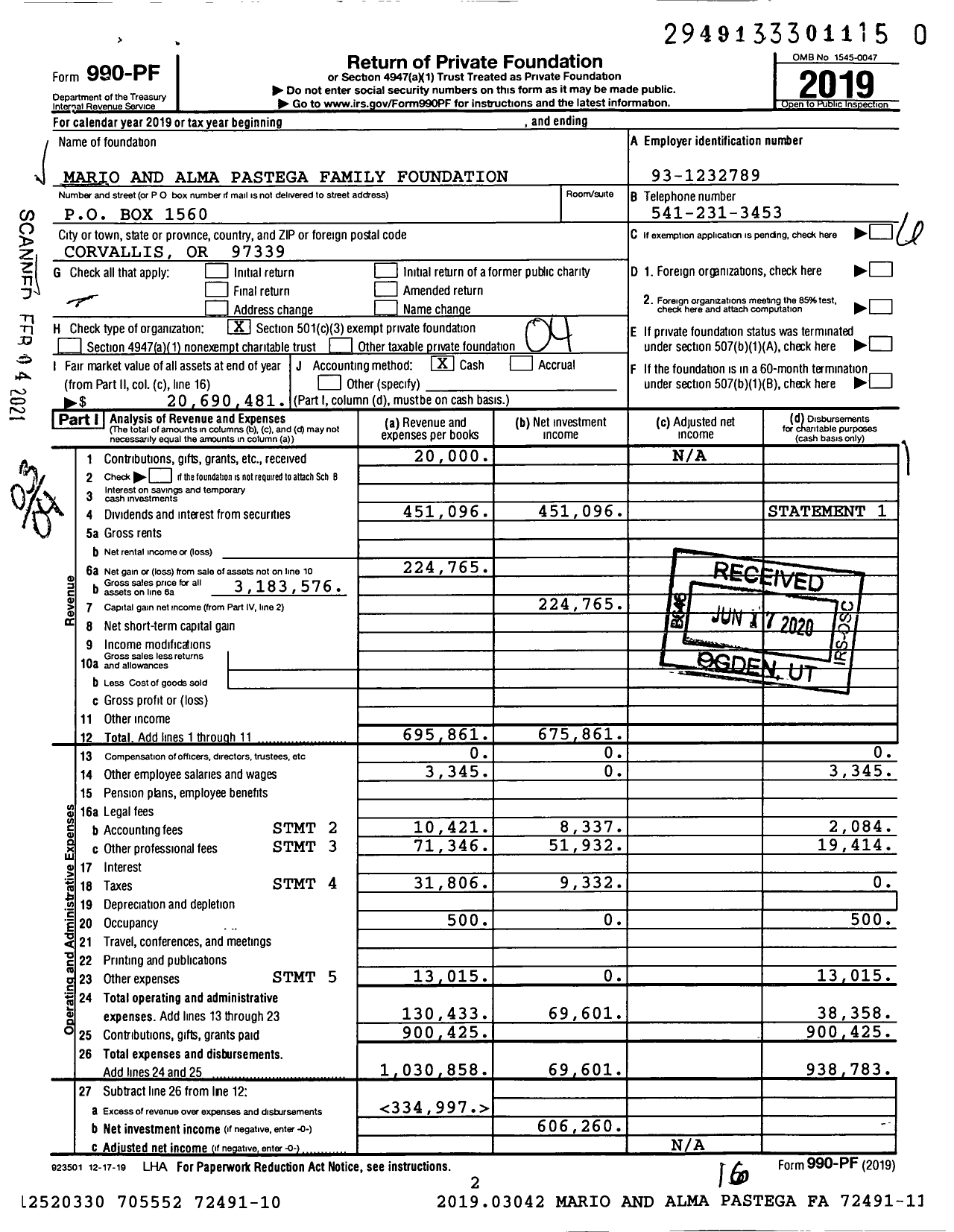 Image of first page of 2019 Form 990PF for Mario and Alma Pastega Family Foundation