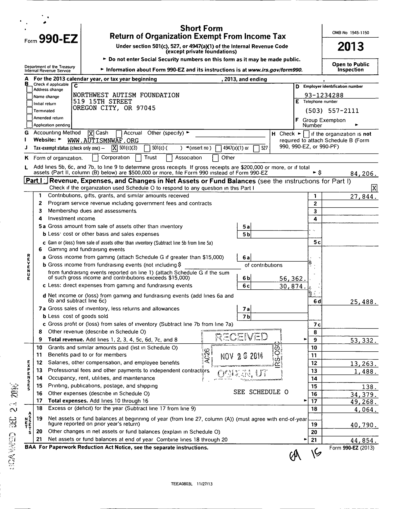 Image of first page of 2013 Form 990EZ for Northwest Autism Foundation