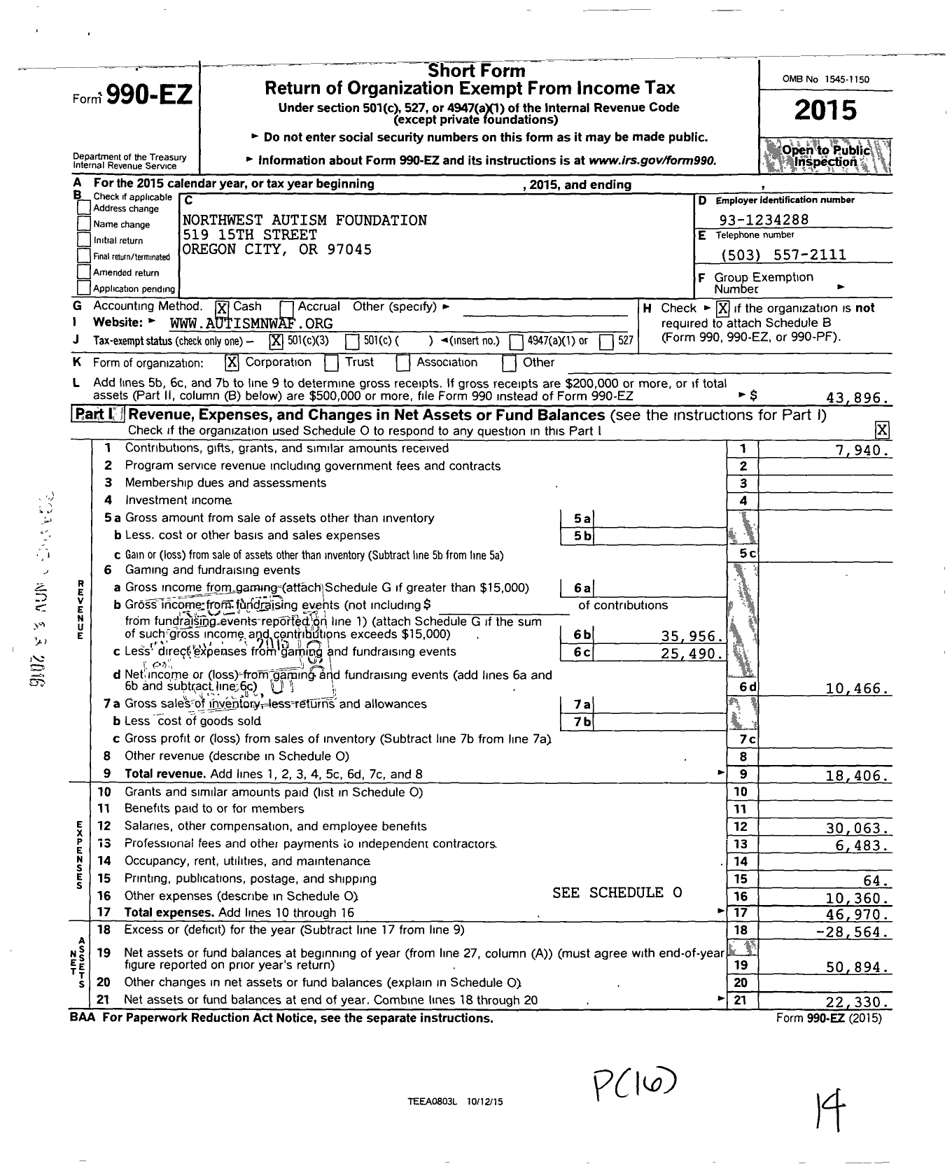 Image of first page of 2015 Form 990EZ for Northwest Autism Foundation