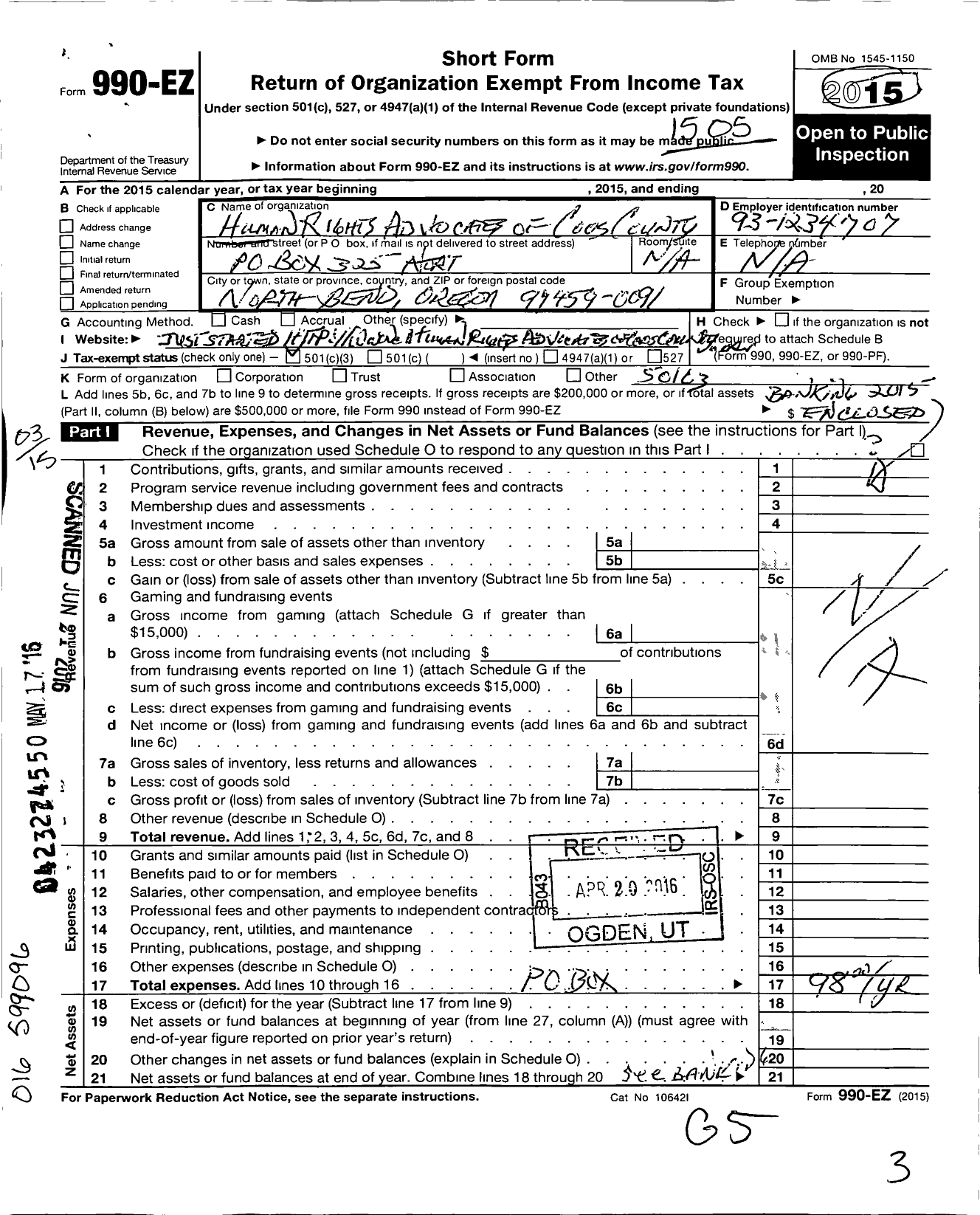 Image of first page of 2014 Form 990EZ for Human Rights Advocates of Coos County