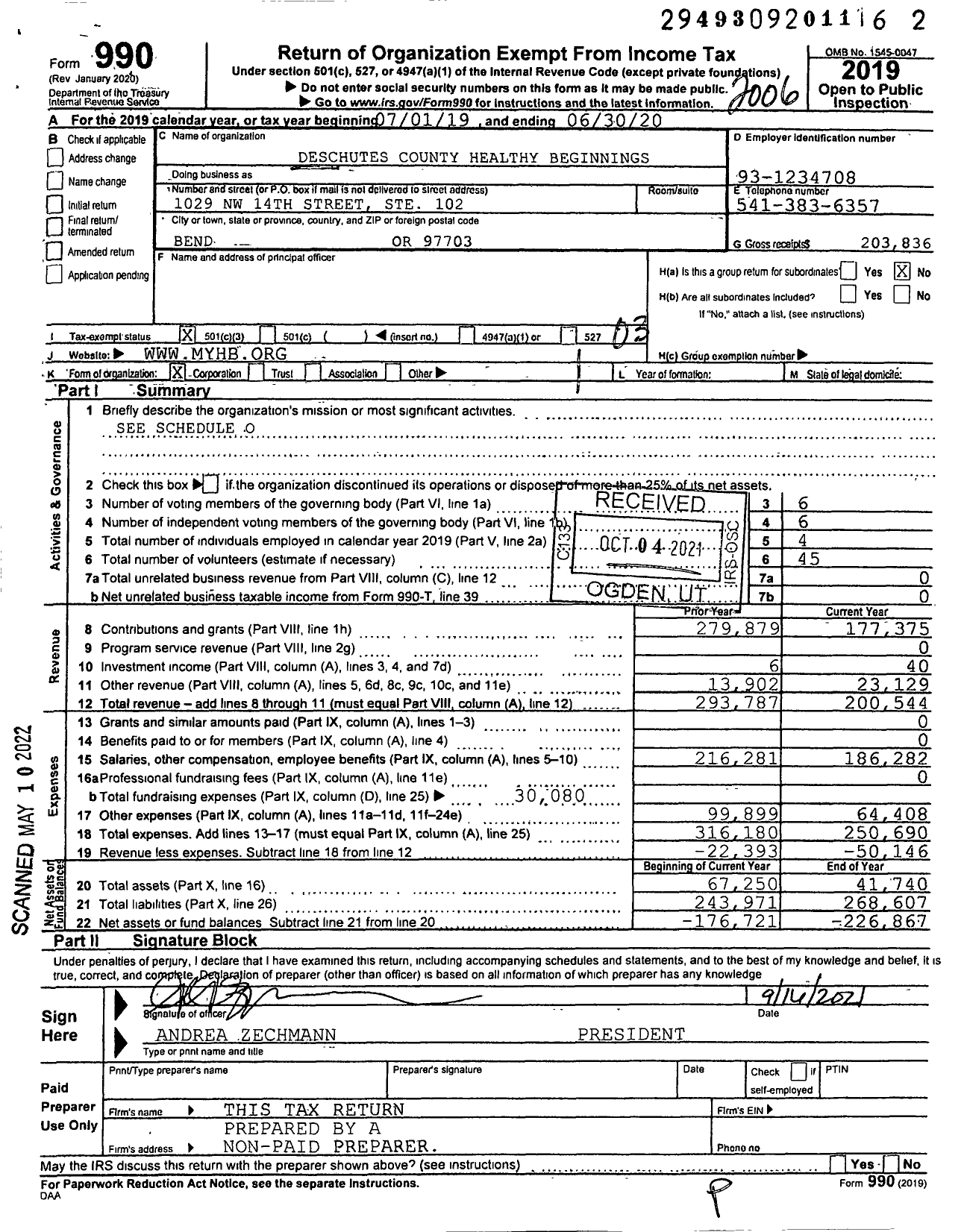 Image of first page of 2019 Form 990 for Deschutes County Healthy Beginnings