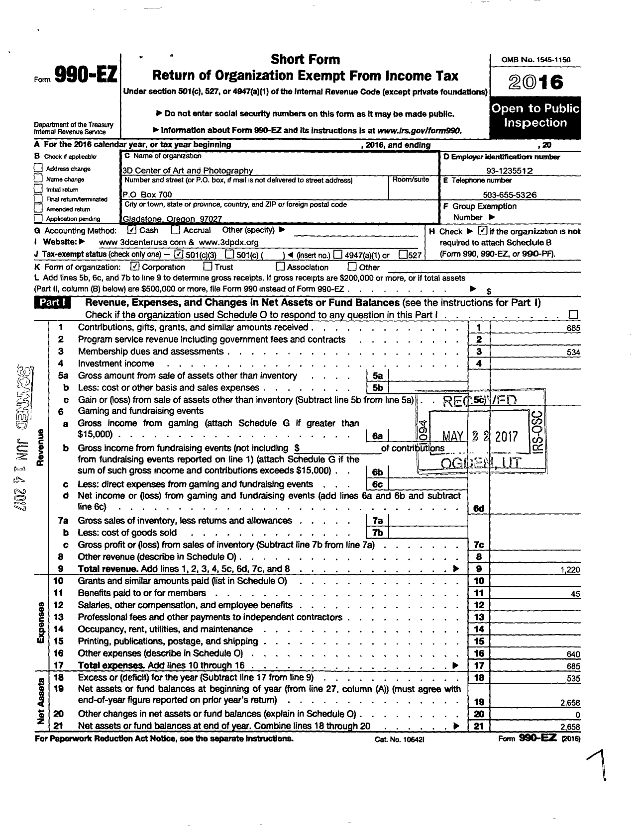 Image of first page of 2016 Form 990EZ for 3D Center of Art and Photography