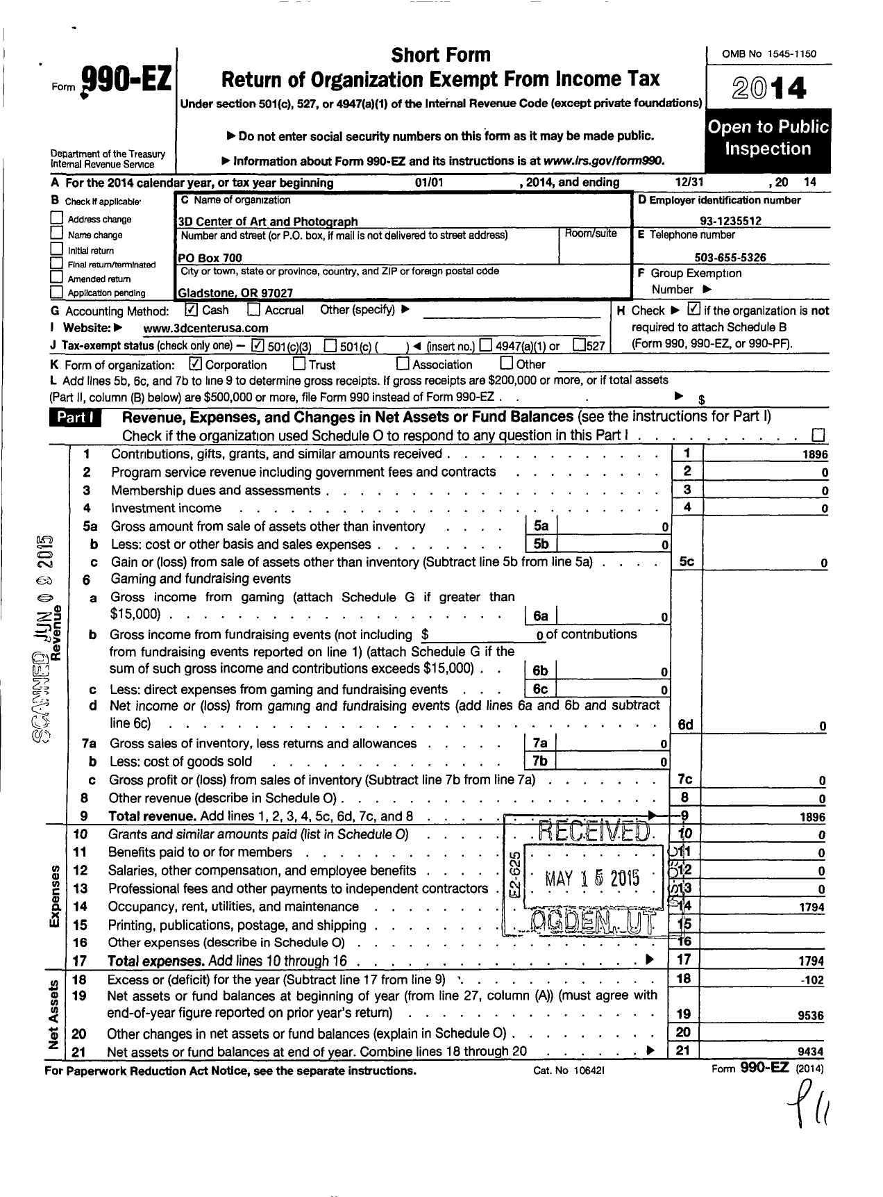 Image of first page of 2014 Form 990EZ for 3D Center of Art and Photography