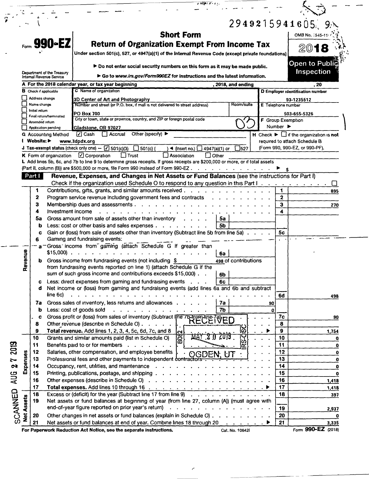 Image of first page of 2018 Form 990EZ for 3D Center of Art and Photography