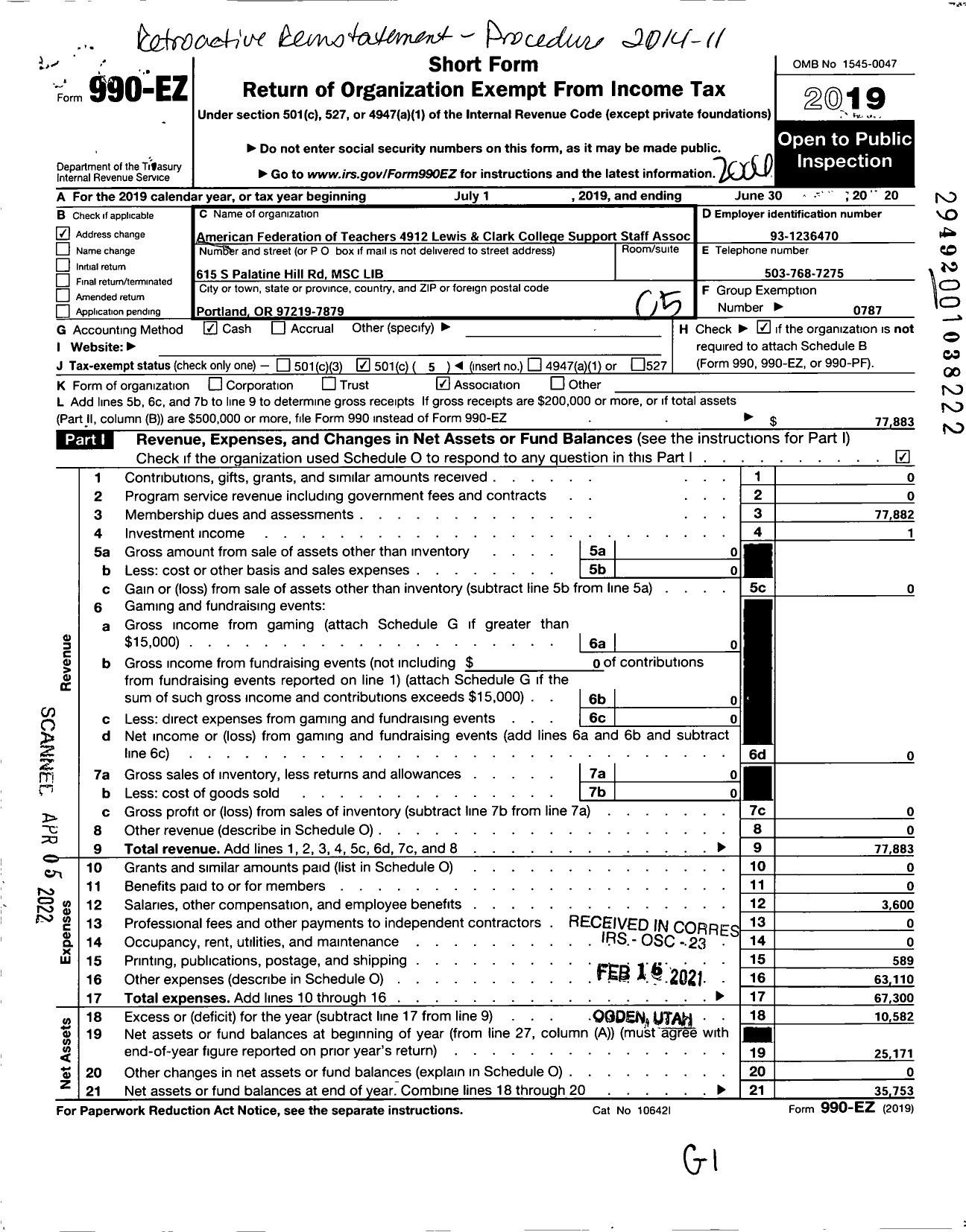 Image of first page of 2019 Form 990EO for AMERICAN FEDERATION OF TEACHERS 4912 Lewis and Clark Support Staff Association