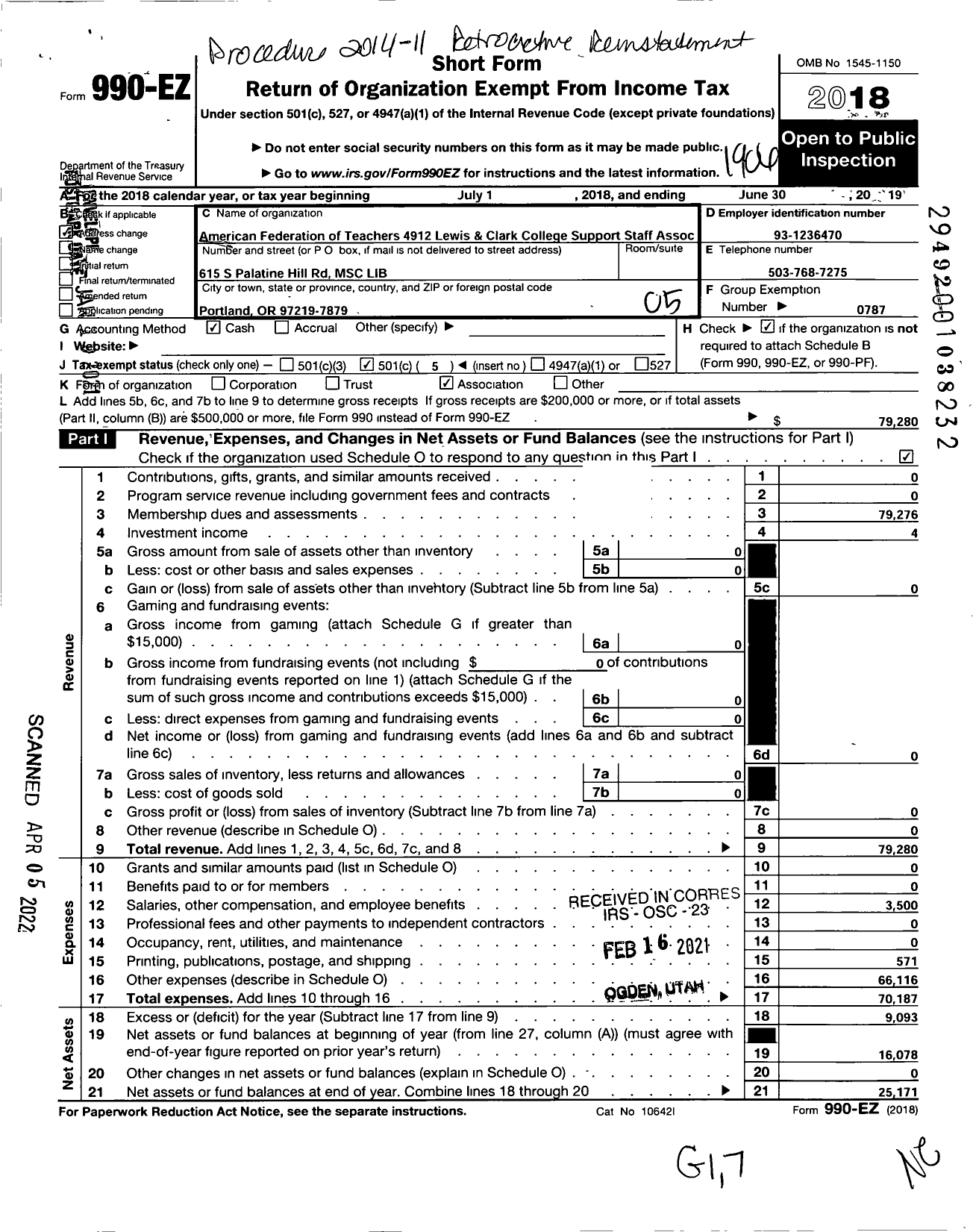 Image of first page of 2018 Form 990EO for AMERICAN FEDERATION OF TEACHERS 4912 Lewis and Clark Support Staff Association