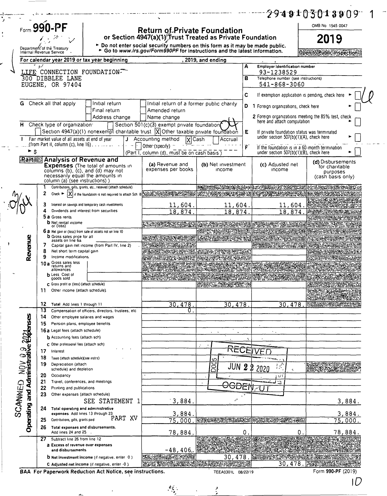 Image of first page of 2019 Form 990PF for Life Connection Foundation