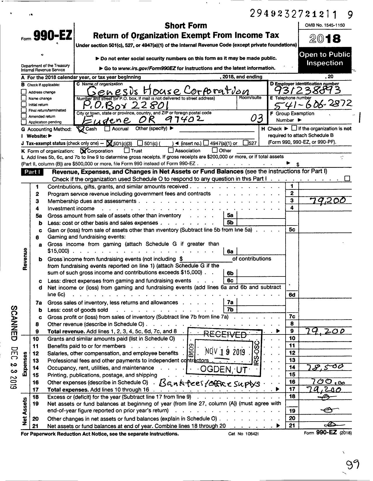 Image of first page of 2018 Form 990EZ for Genesis House