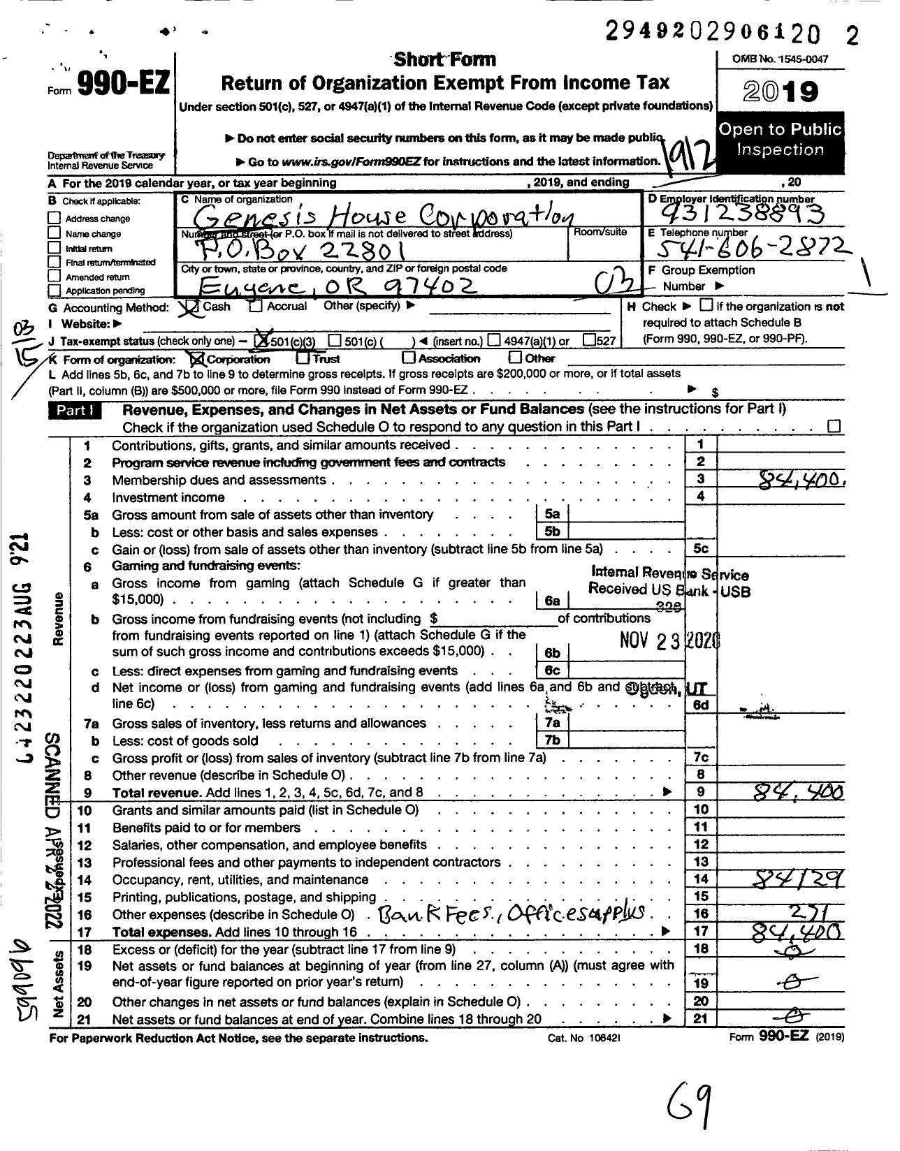 Image of first page of 2019 Form 990EZ for Genesis House