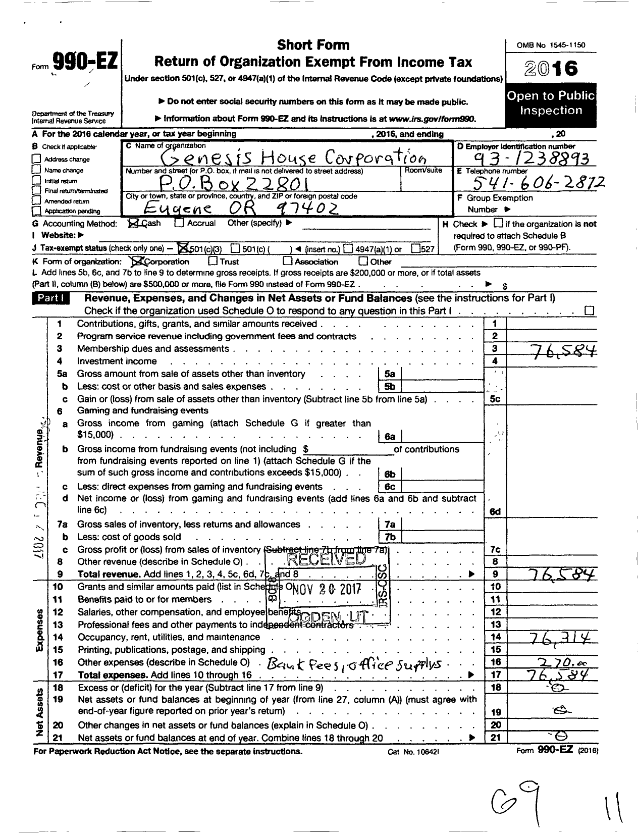 Image of first page of 2016 Form 990EZ for Genesis House