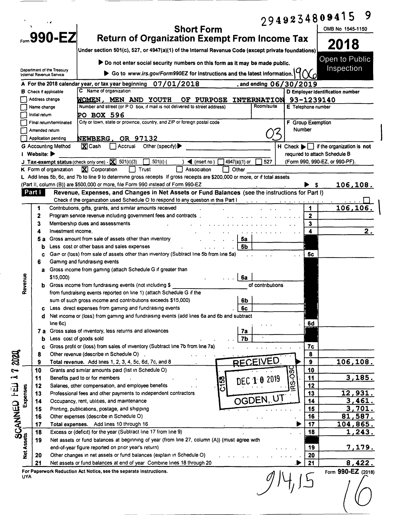 Image of first page of 2018 Form 990EZ for Women Men and Youth of Purpose International Women of Purpose International