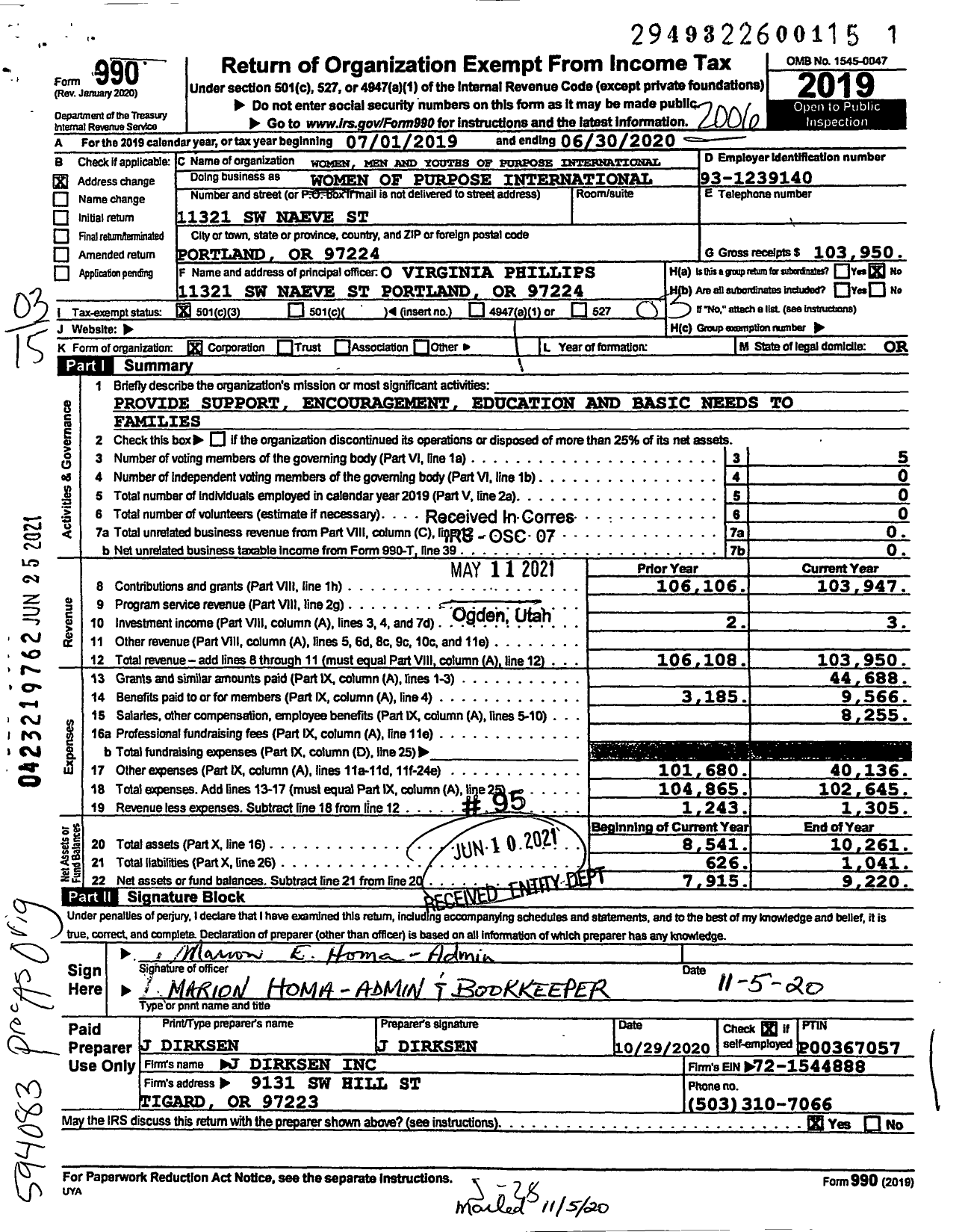 Image of first page of 2019 Form 990 for Women Men and Youth of Purpose International Women of Purpose International