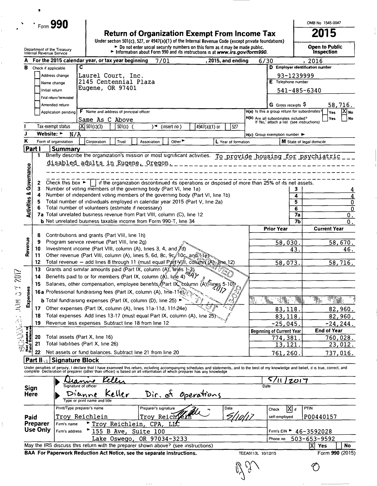 Image of first page of 2015 Form 990 for Laurel Court